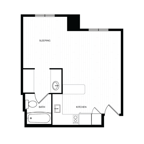 Floor plan for studio, 1 bath, 477 sqft